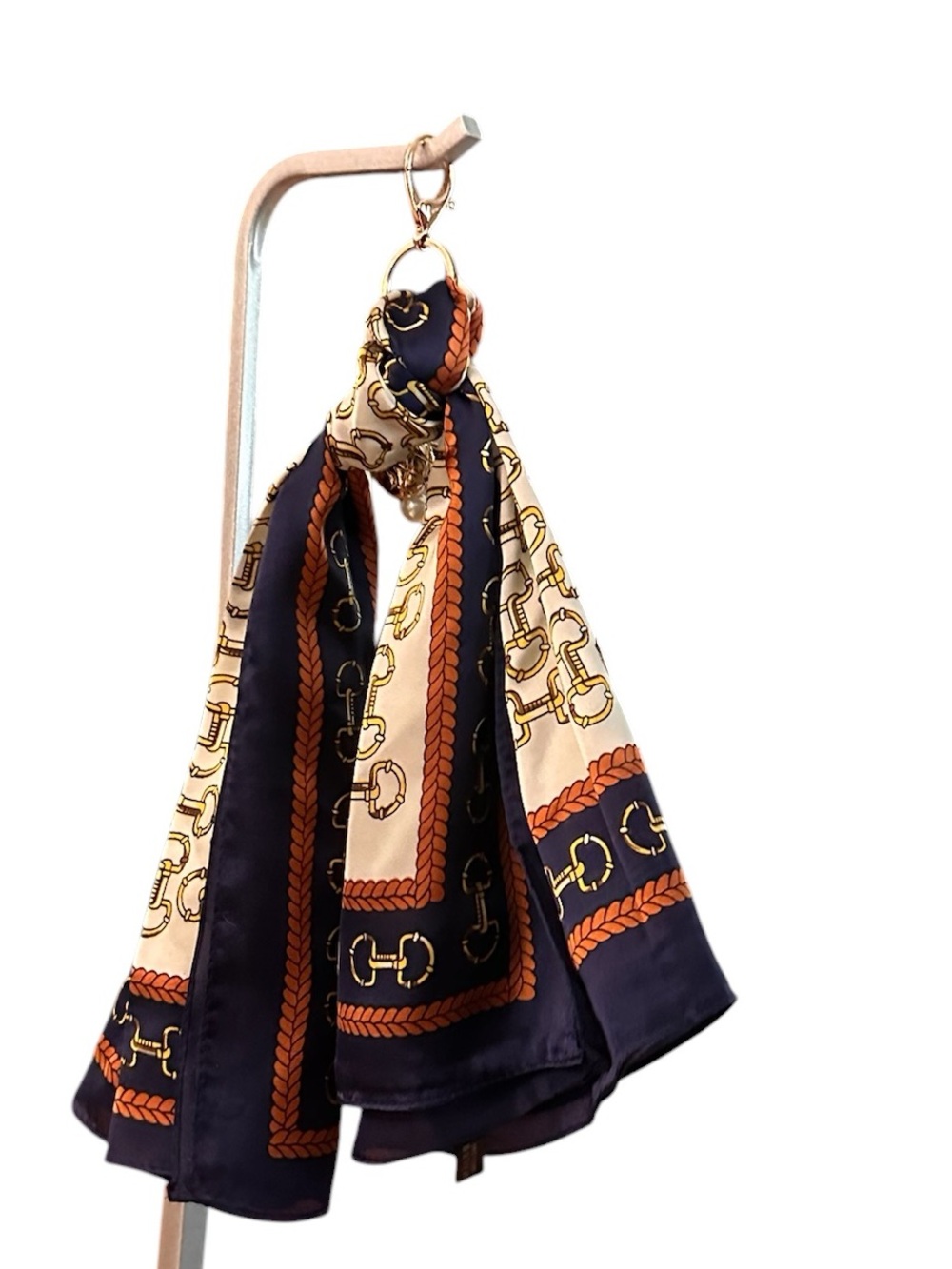 Gold Horseshoe Printed Pattern Scarf In Navy, Cream & Rust
